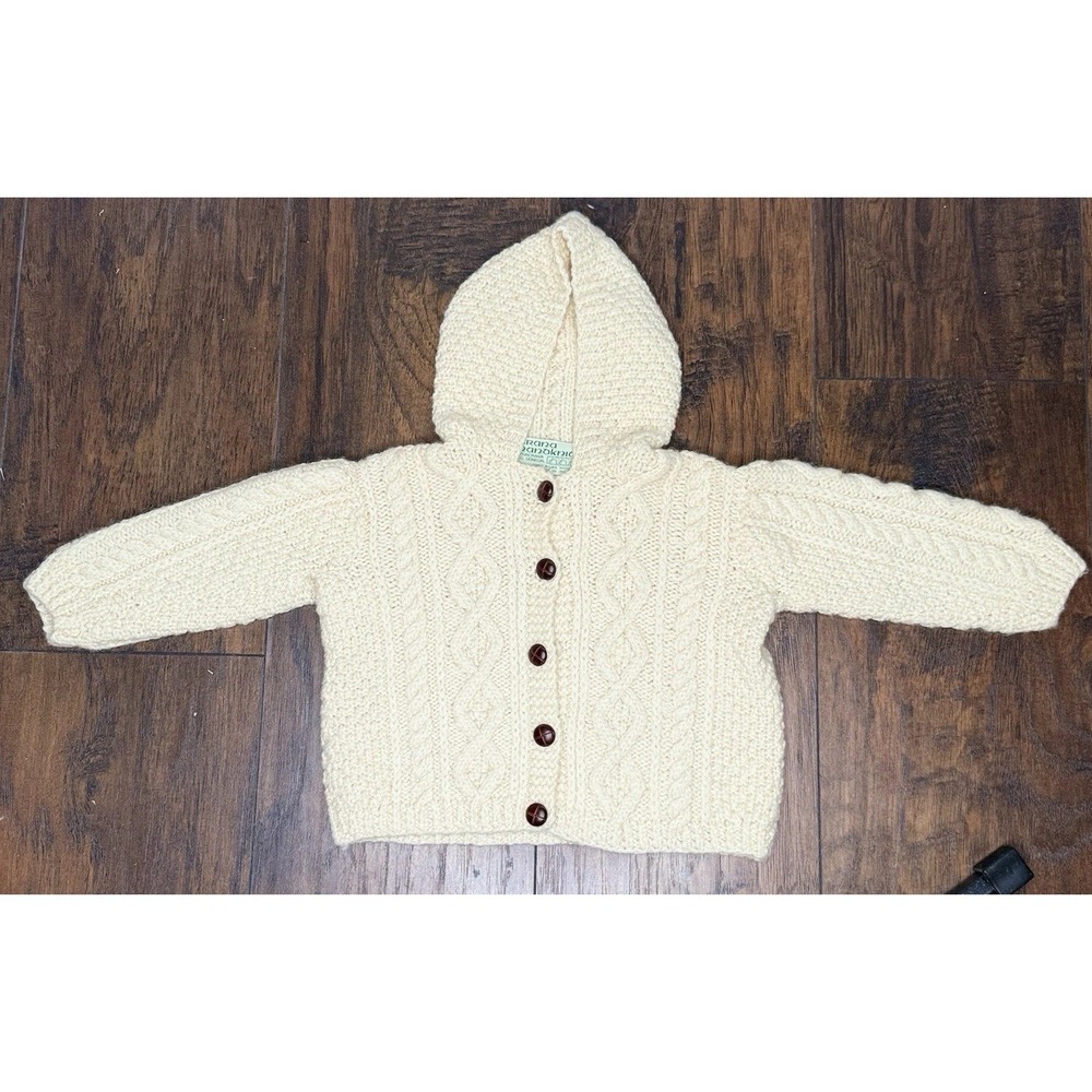 Crana Handknits Irish Aran Wool Hooded Cardigan Sweater 12-18M 2T 12" Chest